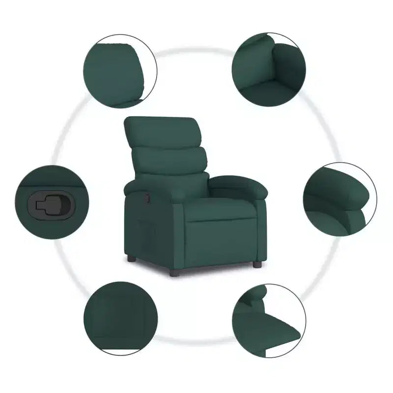 vidaXL Fauteuil inclinable en tissu vert foncé-Siège de salon réglable pour personnes âgées, rembourrage épais, poches latérales, cadre en bois et métal, inclinaison manuelle