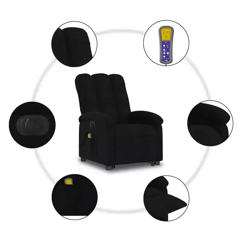 vidaXL Fauteuil inclinable de massage électrique - Fauteuil releveur en tissu noir avec vibration, repose-pieds/dossier réglables
