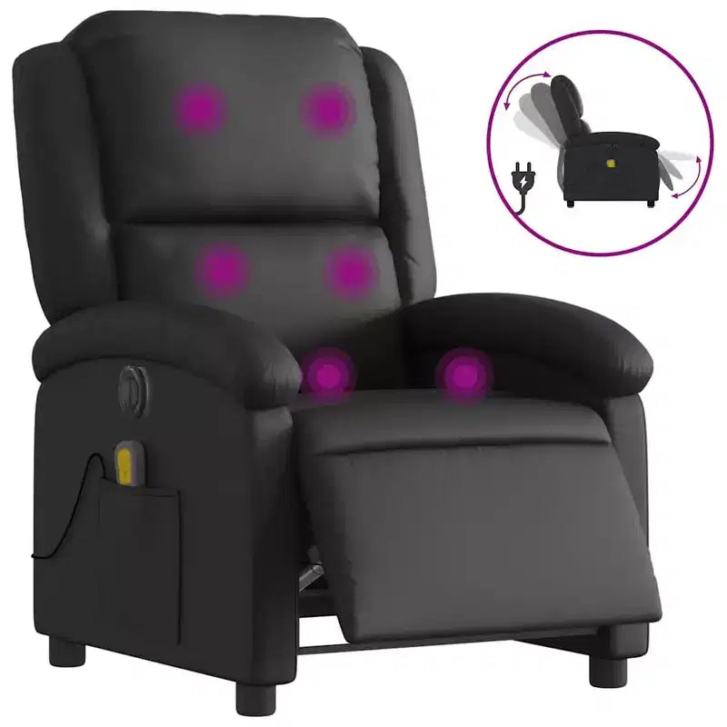 vidaXL Electric Massage Recliner Chair - Black Real Leather Wingback Armchair with Vibration Function for Living Room