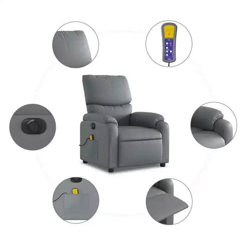 vidaXL Poltrona reclinabile massaggiante elettrica grigia in similpelle, legno, metallo, schiuma