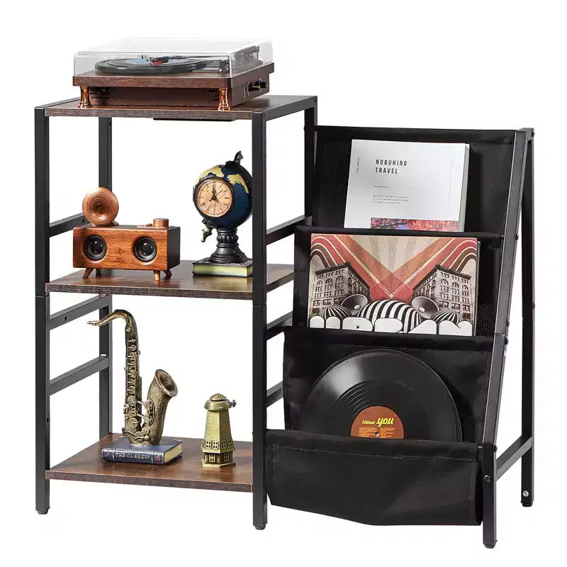 VEVOR Record Player Stand with Charging Station & USB Ports, Holds up to 200 Albums, 3-Tier Turntable Stand with Vinyl Record Storage, Black
