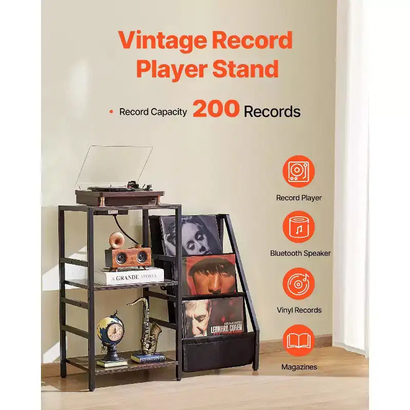 Supporto per giradischi VEVOR con stazione di ricarica e porte USB, capacità fino a 200 album, supporto per giradischi a 3 livelli con porta dischi in vinile, nero