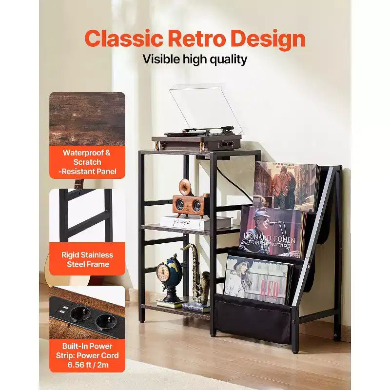 Supporto per giradischi VEVOR con stazione di ricarica e porte USB, capacità fino a 200 album, supporto per giradischi a 3 livelli con porta dischi in vinile, nero