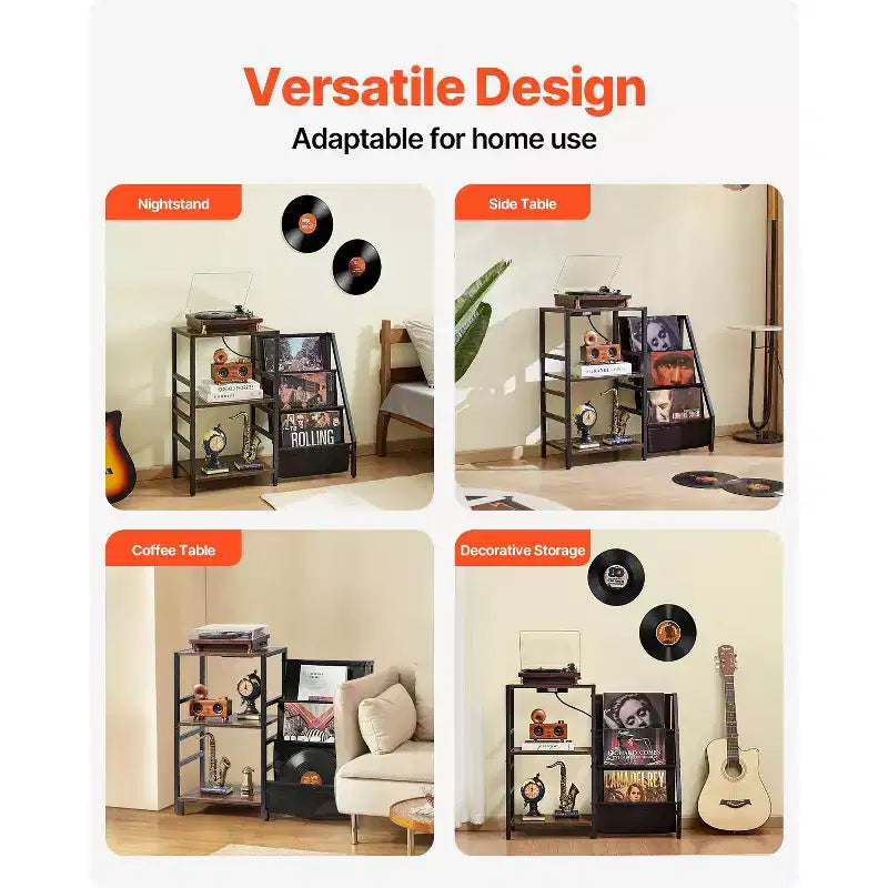 Supporto per giradischi VEVOR con stazione di ricarica e porte USB, capacità fino a 200 album, supporto per giradischi a 3 livelli con porta dischi in vinile, nero