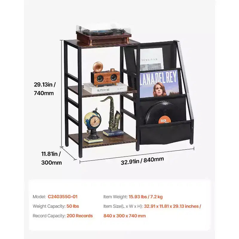 Supporto per giradischi VEVOR con stazione di ricarica e porte USB, capacità fino a 200 album, supporto per giradischi a 3 livelli con porta dischi in vinile, nero