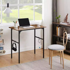 VECELO Petit bureau informatique 81/109 cm, bureau d'écriture avec crochets, bureau de travail avec pieds réglables pour petits espaces, marron