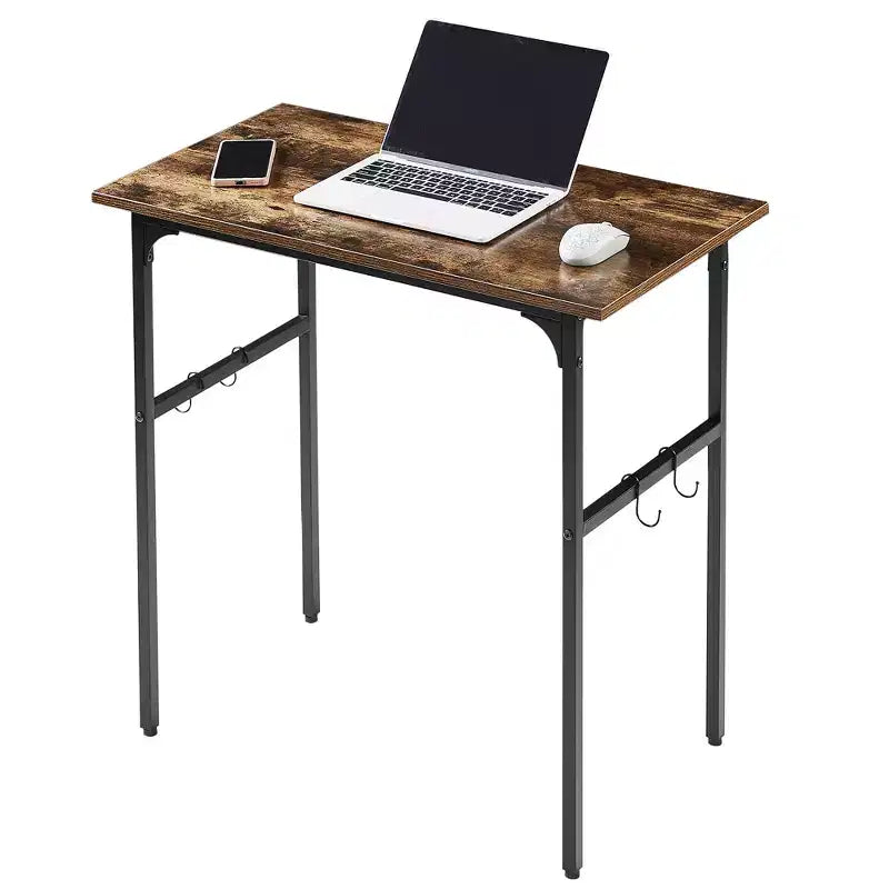VECELO Petit bureau informatique 81/109 cm, bureau d'écriture avec crochets, bureau de travail avec pieds réglables pour petits espaces, marron