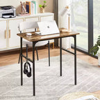 VECELO Petit bureau informatique 81/109 cm, bureau d'écriture avec crochets, bureau de travail avec pieds réglables pour petits espaces, marron