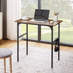 VECELO Petit bureau informatique 81/109 cm, bureau d'écriture avec crochets, bureau de travail avec pieds réglables pour petits espaces, marron