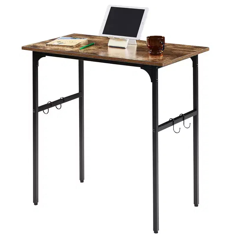 VECELO Petit bureau informatique 81/109 cm, bureau d'écriture avec crochets, bureau de travail avec pieds réglables pour petits espaces, marron