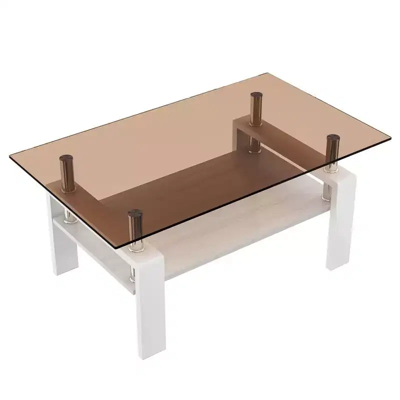 Okak Tavolino da caffè moderno rettangolare a 2 ripiani con ripiano in vetro temperato e gambe in metallo, tavolino centrale con strato in MDF per soggiorno
