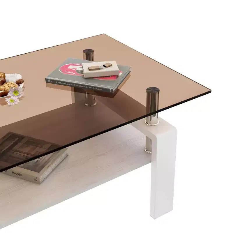 Okak Tavolino da caffè moderno rettangolare a 2 ripiani con ripiano in vetro temperato e gambe in metallo, tavolino centrale con strato in MDF per soggiorno