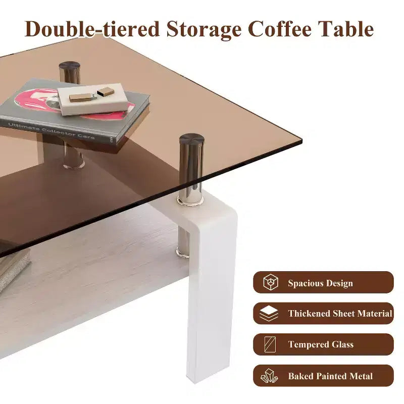 Okak Tavolino da caffè moderno rettangolare a 2 ripiani con ripiano in vetro temperato e gambe in metallo, tavolino centrale con strato in MDF per soggiorno