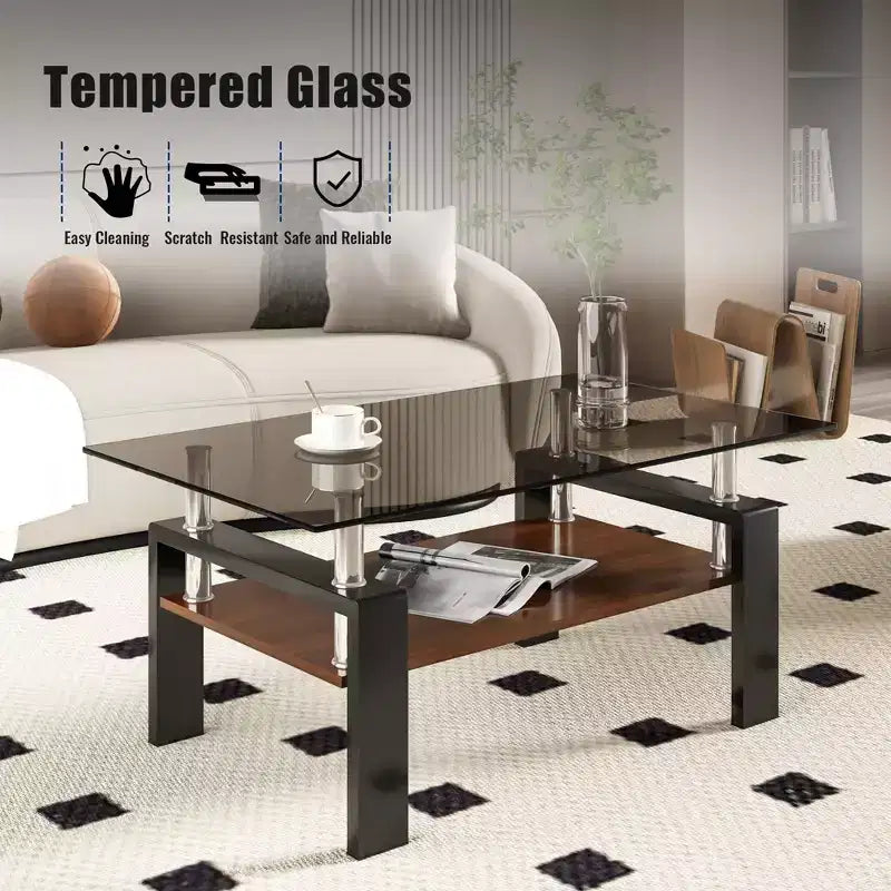 Okak Tavolino da caffè moderno rettangolare a 2 ripiani con ripiano in vetro temperato e gambe in metallo, tavolino centrale con strato in MDF per soggiorno