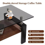 Okak Tavolino da caffè moderno rettangolare a 2 ripiani con ripiano in vetro temperato e gambe in metallo, tavolino centrale con strato in MDF per soggiorno