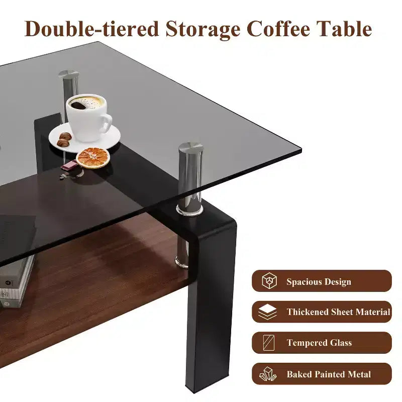 Okak Tavolino da caffè moderno rettangolare a 2 ripiani con ripiano in vetro temperato e gambe in metallo, tavolino centrale con strato in MDF per soggiorno