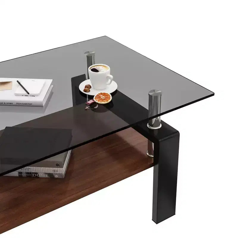 Okak Tavolino da caffè moderno rettangolare a 2 ripiani con ripiano in vetro temperato e gambe in metallo, tavolino centrale con strato in MDF per soggiorno