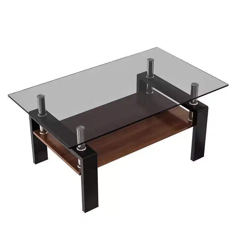 Okak Tavolino da caffè moderno rettangolare a 2 ripiani con ripiano in vetro temperato e gambe in metallo, tavolino centrale con strato in MDF per soggiorno