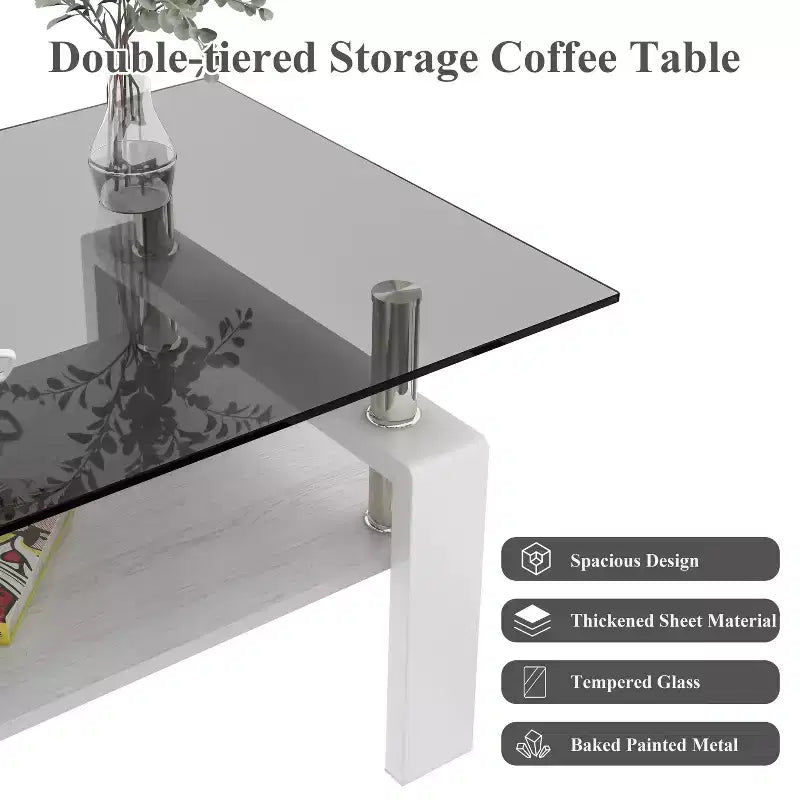 Okak Tavolino da caffè moderno rettangolare a 2 ripiani con ripiano in vetro temperato e gambe in metallo, tavolino centrale con strato in MDF per soggiorno
