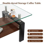 Okak Tavolino da caffè moderno rettangolare a 2 ripiani con ripiano in vetro temperato e gambe in metallo, tavolino centrale con strato in MDF per soggiorno