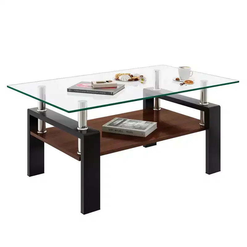 Okak Tavolino da caffè moderno rettangolare a 2 ripiani con ripiano in vetro temperato e gambe in metallo, tavolino centrale con strato in MDF per soggiorno