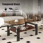 Okak Tavolino da caffè moderno rettangolare a 2 ripiani con ripiano in vetro temperato e gambe in metallo, tavolino centrale con strato in MDF per soggiorno