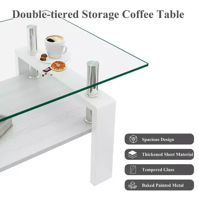 Okak Tavolino da caffè moderno rettangolare a 2 ripiani con ripiano in vetro temperato e gambe in metallo, tavolino centrale con strato in MDF per soggiorno