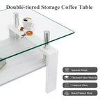 Okak Tavolino da caffè moderno rettangolare a 2 ripiani con ripiano in vetro temperato e gambe in metallo, tavolino centrale con strato in MDF per soggiorno