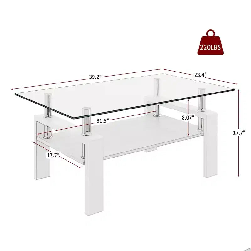Okak Tavolino da caffè moderno rettangolare a 2 ripiani con ripiano in vetro temperato e gambe in metallo, tavolino centrale con strato in MDF per soggiorno