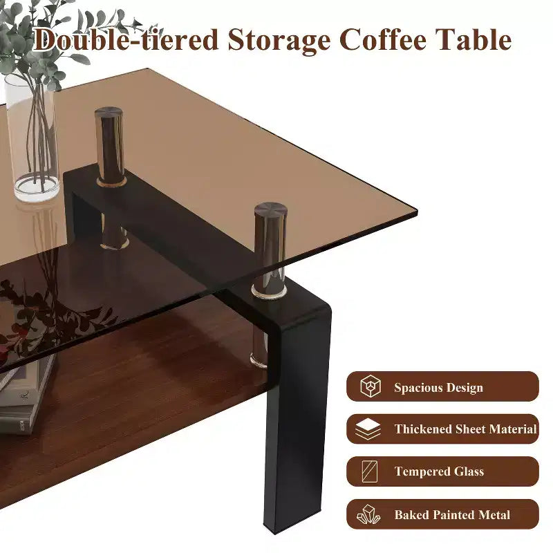 Okak Tavolino da caffè moderno rettangolare a 2 ripiani con ripiano in vetro temperato e gambe in metallo, tavolino centrale con strato in MDF per soggiorno