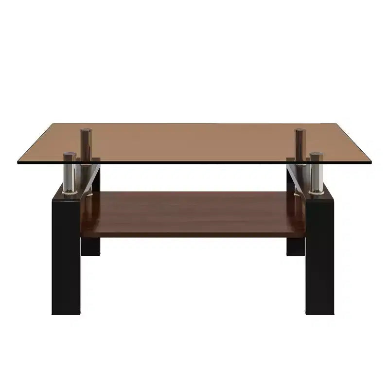 Okak Tavolino da caffè moderno rettangolare a 2 ripiani con ripiano in vetro temperato e gambe in metallo, tavolino centrale con strato in MDF per soggiorno