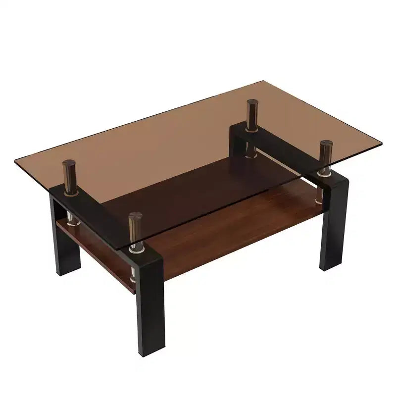 Okak Tavolino da caffè moderno rettangolare a 2 ripiani con ripiano in vetro temperato e gambe in metallo, tavolino centrale con strato in MDF per soggiorno