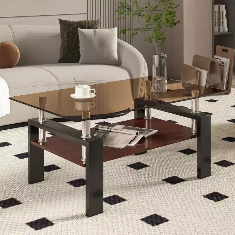 Okak Tavolino da caffè moderno rettangolare a 2 ripiani con ripiano in vetro temperato e gambe in metallo, tavolino centrale con strato in MDF per soggiorno