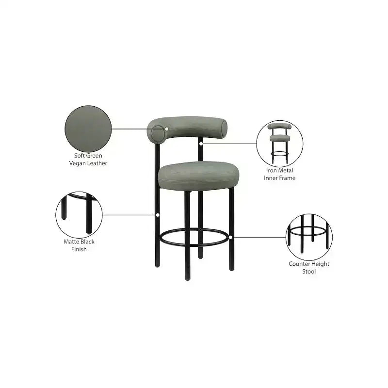 Meridian Furniture, Sgabello da bancone Bordeaux in pelle vegana verde, Set di 2