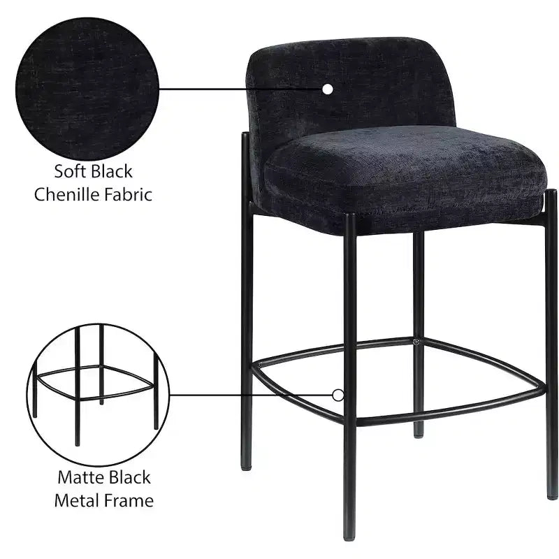 Meridian Furniture, Sgabello Burton in tessuto ciniglia nero, set da 2