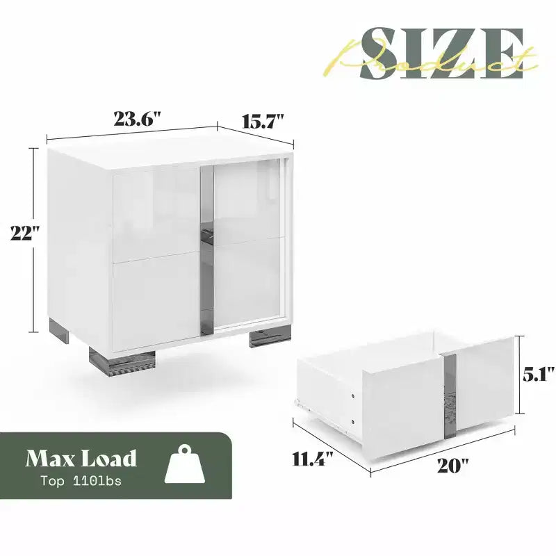 Comodino AMERLIFE, tavolino moderno da 60 cm con 2 cassetti, finitura UV lucida