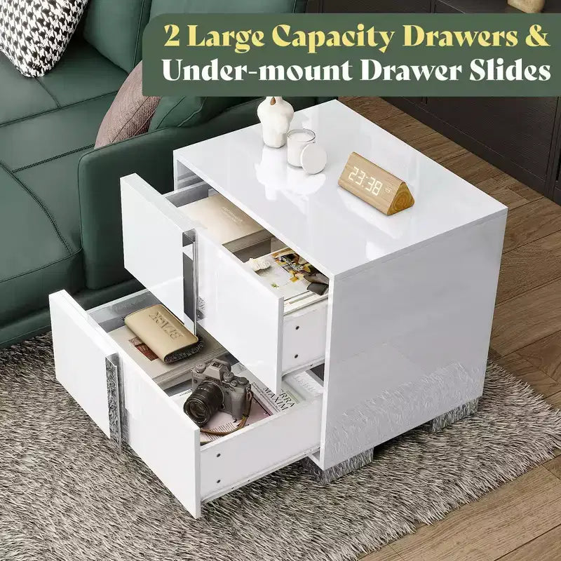 Comodino AMERLIFE, tavolino moderno da 60 cm con 2 cassetti, finitura UV lucida