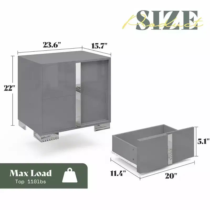 Comodino AMERLIFE, tavolino moderno da 60 cm con 2 cassetti, finitura UV lucida