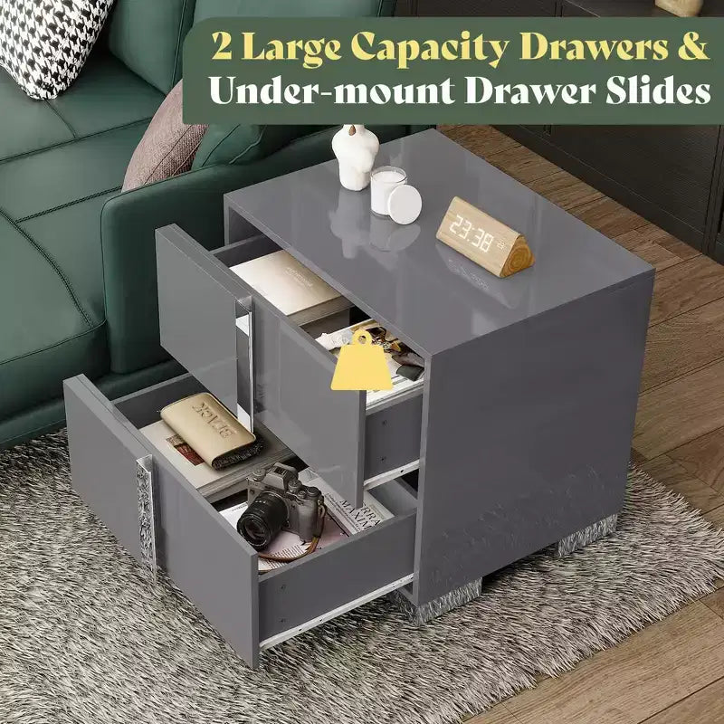 Comodino AMERLIFE, tavolino moderno da 60 cm con 2 cassetti, finitura UV lucida