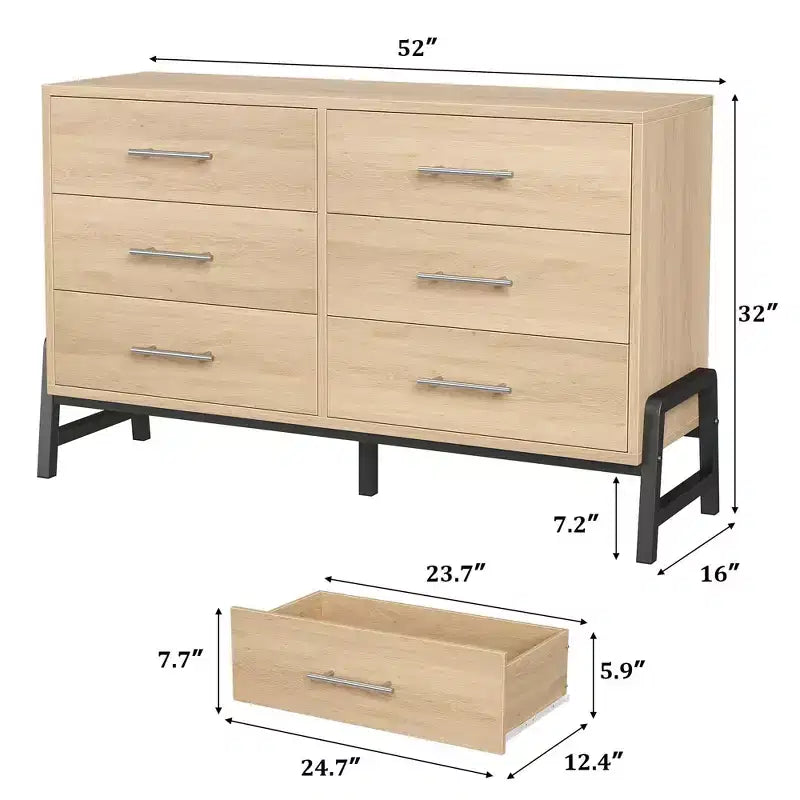 TROPOW Comodino a 6 cassetti per camera da letto, cassettiera autoportante larga 52" con cassetti, cassettiera in legno per soggiorno, camera da letto, ingresso