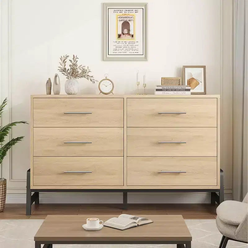 TROPOW Comodino a 6 cassetti per camera da letto, cassettiera autoportante larga 52" con cassetti, cassettiera in legno per soggiorno, camera da letto, ingresso