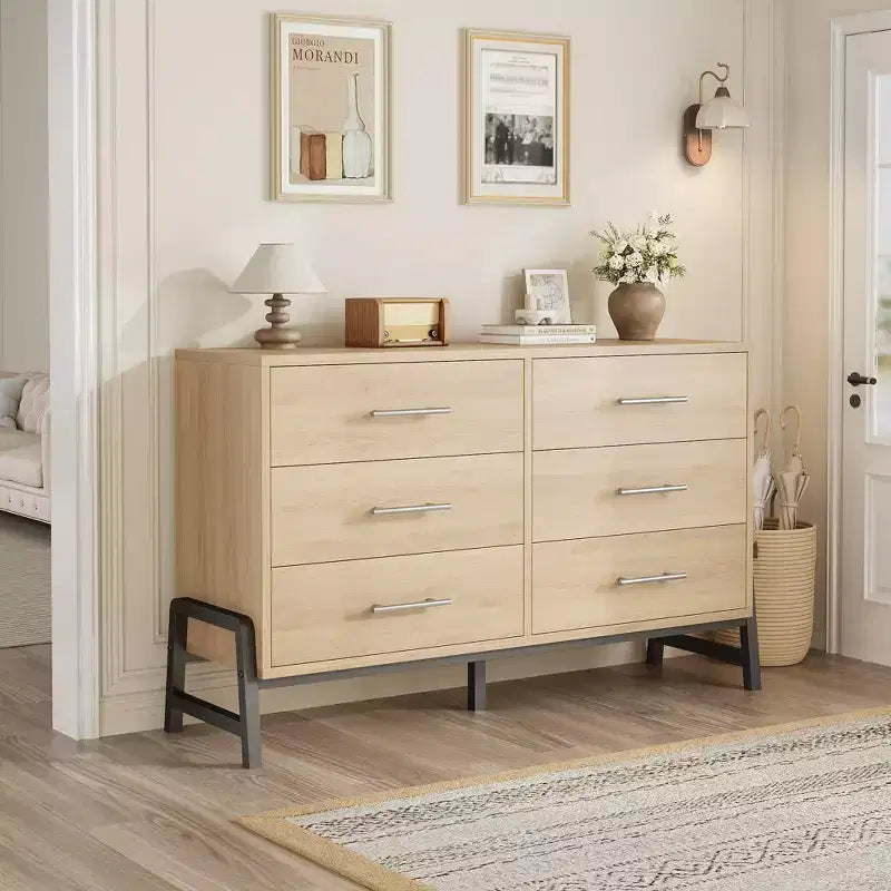 TROPOW Comodino a 6 cassetti per camera da letto, cassettiera autoportante larga 52" con cassetti, cassettiera in legno per soggiorno, camera da letto, ingresso