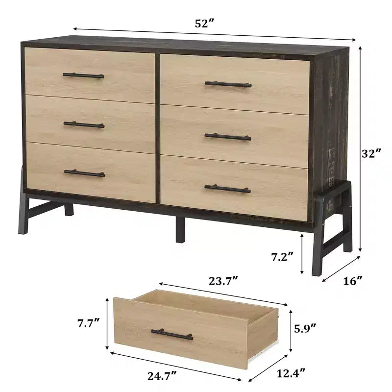 TROPOW Comodino a 6 cassetti per camera da letto, cassettiera autoportante larga 52" con cassetti, cassettiera in legno per soggiorno, camera da letto, ingresso