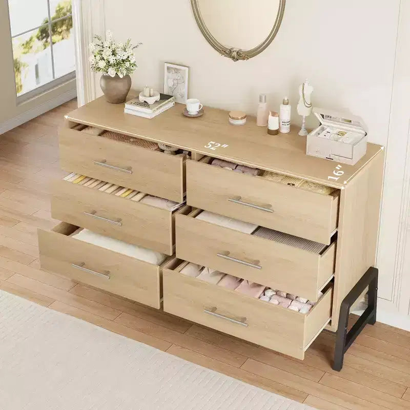 TROPOW Comodino a 6 cassetti per camera da letto, cassettiera autoportante larga 52" con cassetti, cassettiera in legno per soggiorno, camera da letto, ingresso
