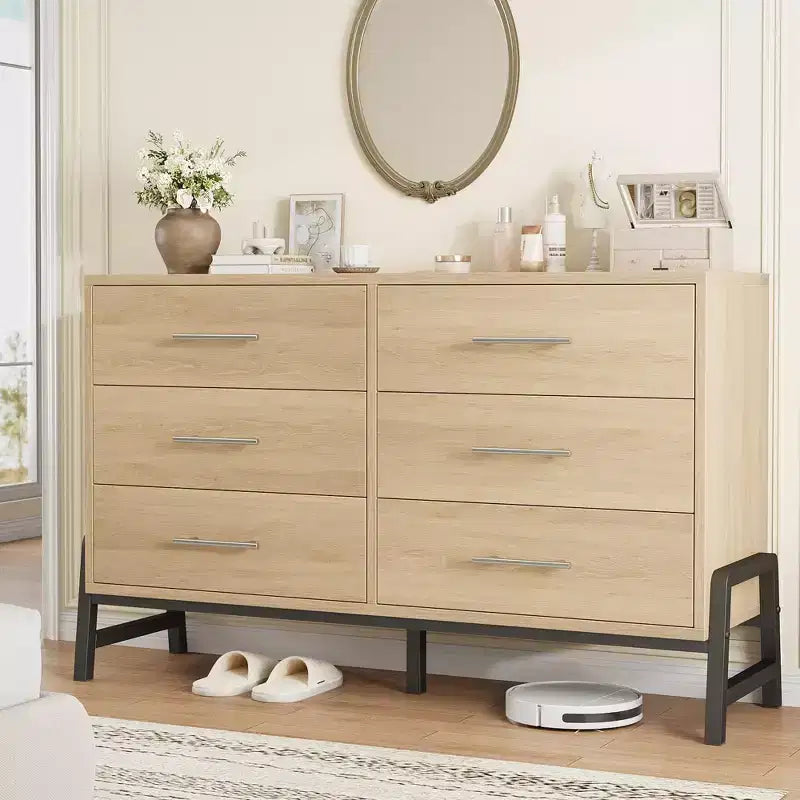 TROPOW 6 Commode pour chambre à coucher, commode autonome de 132 cm de large avec rangement, commode de rangement en bois pour salon, chambre à coucher, entrée