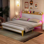 Upholstered Bed Frame with LED Lights | USB Charging Station & Storage | White & Gold Design | Noise-Free Metal Slats | Easy Assembly