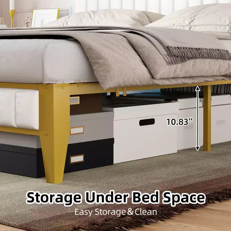 Struttura letto imbottita con luci a LED | Stazione di ricarica USB e contenitore | Design bianco e oro | Doghe in metallo silenziose | Facile montaggio