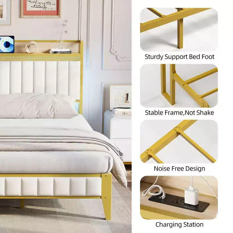 Struttura letto imbottita con luci a LED | Stazione di ricarica USB e contenitore | Design bianco e oro | Doghe in metallo silenziose | Facile montaggio