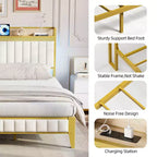 Struttura letto imbottita con luci a LED | Stazione di ricarica USB e contenitore | Design bianco e oro | Doghe in metallo silenziose | Facile montaggio