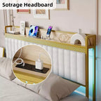 Struttura letto imbottita con luci a LED | Stazione di ricarica USB e contenitore | Design bianco e oro | Doghe in metallo silenziose | Facile montaggio